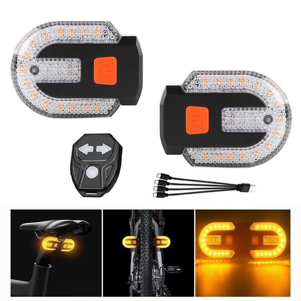 2Pcs Bicycle Turn Signal with Alarm, USB Charging Remote Control Split/Integrated Bicycle Tail Light 5 Modes Waterproof Strobe Lights Can be Mounted on Front and Rear of Bicycle (Yellow and White)