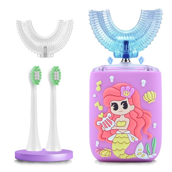 Geacker Kids Electric Toothbrush, U Shaped Toothbrush Kids Sonic Automatic Brush with 4 Brush Head 6 Sonic Clean Modes IPX7 Waterproof Mermaid Design Rechargeable Smart Timer for Children 2-7