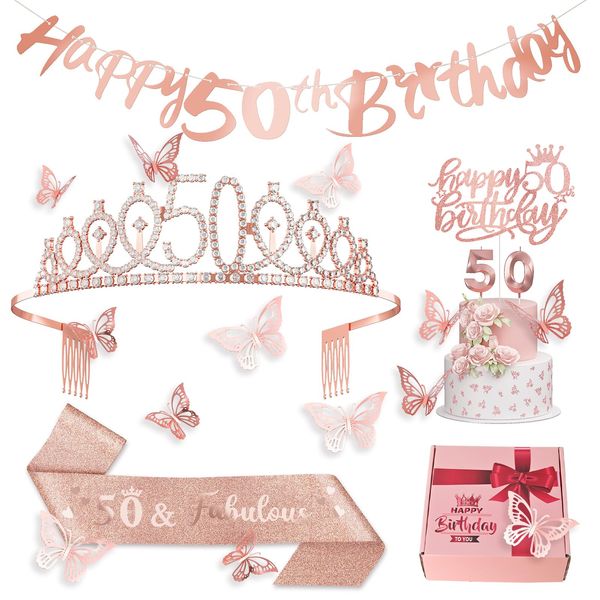 50th Birthday Decorations for Women Birthday Gifts Rose Gold 50th Birthday Sash, Tiara, Cake Topper, Number 50th Candles, Happy 50th Birthday Banner, 3D Butterfly 12pcs, Birthday Supplies