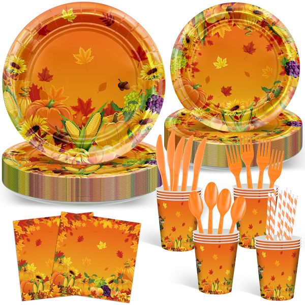 Avezano 192 Pcs Fall Thanksgiving Party Plates and Napkins Autumn Harvest Tableware Set Thanksgiving Disposable Plates Pumpkin Maple Leaves Paper Plates Napkins Forks Set for 24 Guests