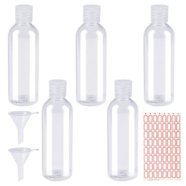 5 Sets 100ml Plastic Bottles Empty Travel Bottles Clear Refillable Plastic Travel Bottles for Liquids Flip Cap Bottles with 2 Pcs Small Funnel and 24pcs Labels for Travel or Cosmetic