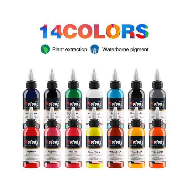 14PCS Tattoo Ink Color Set, Solong 1oz (30ml) Tattoo Ink Set Pigment Kit for Tattoo Kit Color Tattoo Ink TI302-30-14-US