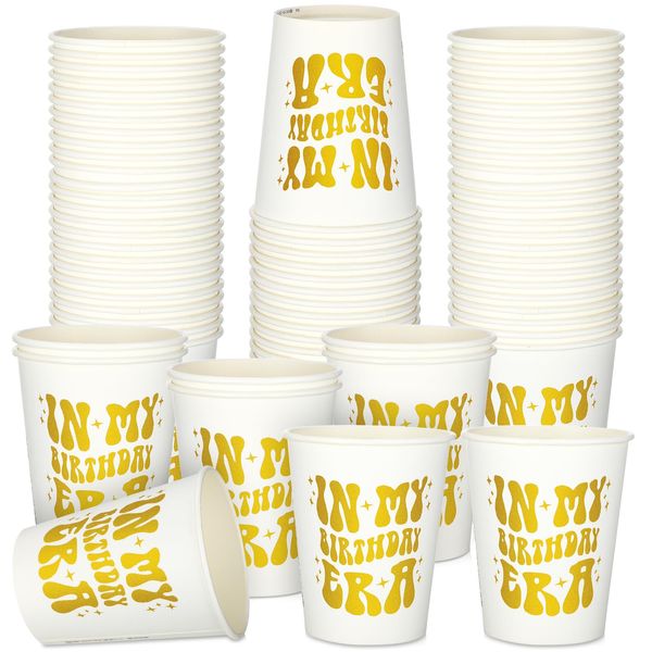 Willinglong 50 Pcs 9 oz In My Birthday Era Paper Cups Popular Singer Birthday Celebration Disposable Drink Cups Gold Birthday Party Cups for Men and Women Birthday Party Supplies Decorations