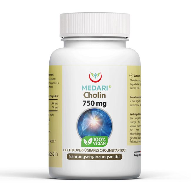 Medar Cholin - L-bitrate 60 Kapseln Qualität 98% Cholinchlorid Vitamin B4 Hochdosiert trägt zur Erhaltung einer normalen Leberfunktion OHNE Konservierungsstoffe 100% natürliches cholin-l-bitrate