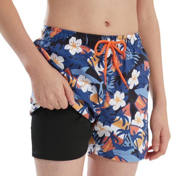 Ewbob Boys Swimming Shorts 2 in 1 Swim Trunks Compression Liner Gym Shorts with Pockets Quick Dry Swimwear Teen Beach Board Surfing Shorts,1213 Blue White,14-15Years