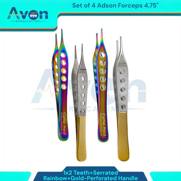 4 Pack - Adson Tissue Forceps 4.75" 1x2 Teeth + Serrated, Rainbow + Gold Handle