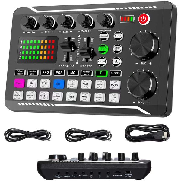 Live-Soundkarte und Audio-Interface mit DJ-Mixer-Effekten und Sprach-Wechsler, F998 Bluetooth Stereo Audio Mixer, für Live Youtube Streaming, PC, Aufnahmestudio und Gaming