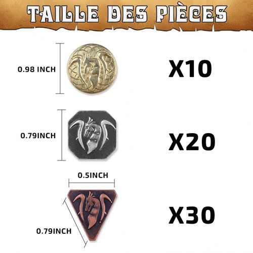 Byhoo 60PCS DND Coins with Leather Pouch, Gold, Silver and Copper Coins in Metal Coins, Fantasy Coins for Board Games, Fake Coins for Games Tokens, Role-Playing Coins of Dungeons and Dragons