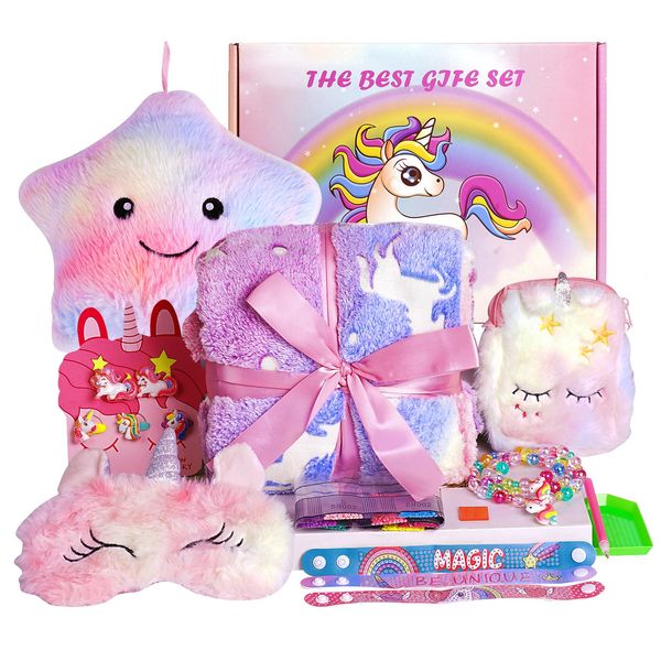 FIIOEOY Unicorn Gifts for Girls, 14PCS Unicorn Toys Birthday Gifts for Girls Age 3 4 5 6 7 8 Years Old with Light Up Star Pillow Plush Blanket Diamond Art Bracelet, Girls Kids Toys