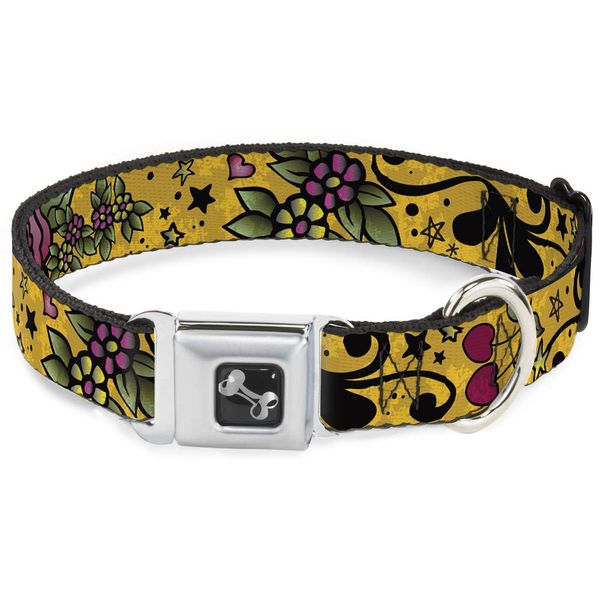 Buckle-Down Seatbelt Buckle Dog Collar - Mom & Dad CLOSE-UP Yellow - 1.5" Wide - Fits 16-23" Neck - Medium