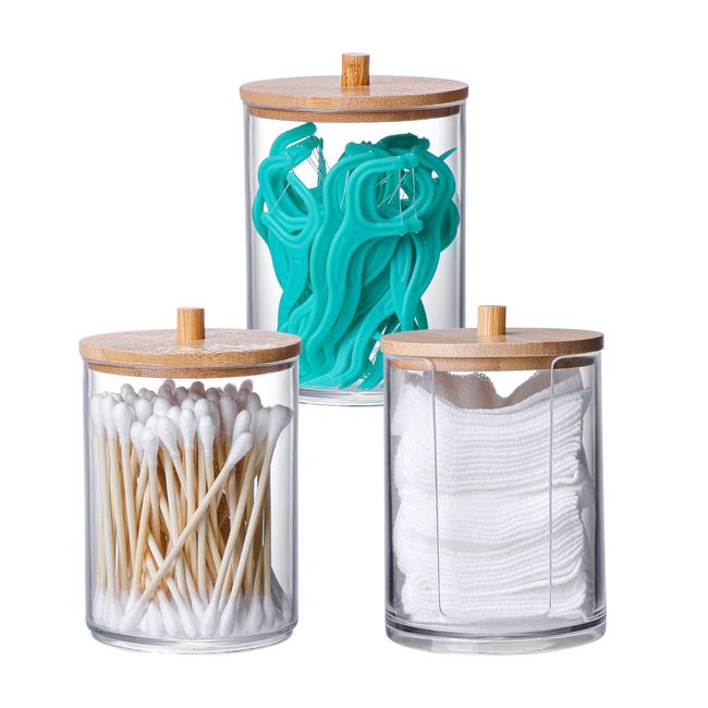 Clear Qtip Holder Storage Canister Organizer With Bamboo Lid