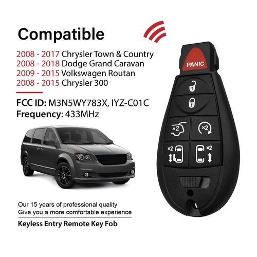 Keylessbest Replacement for 2015 2016 2017 2018 Dodge Caravan Challenger Charger Durango Jeep Commander Chrysler 300 Town Key Fob Remote Control M3N5WY783X 7 Buttons 433MHz
