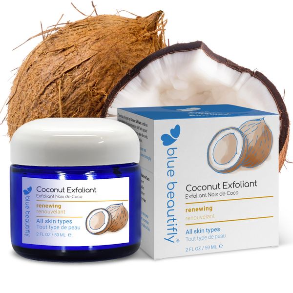 Blue Beautifly Coconut Exfoliant | Phytonutrient-rich Coconut Extract Revitalizes Skin | Plant-based with No Synthetic Additives | Coconut Shell Granules Clear Pores & Remove Impurities | 2 fl oz