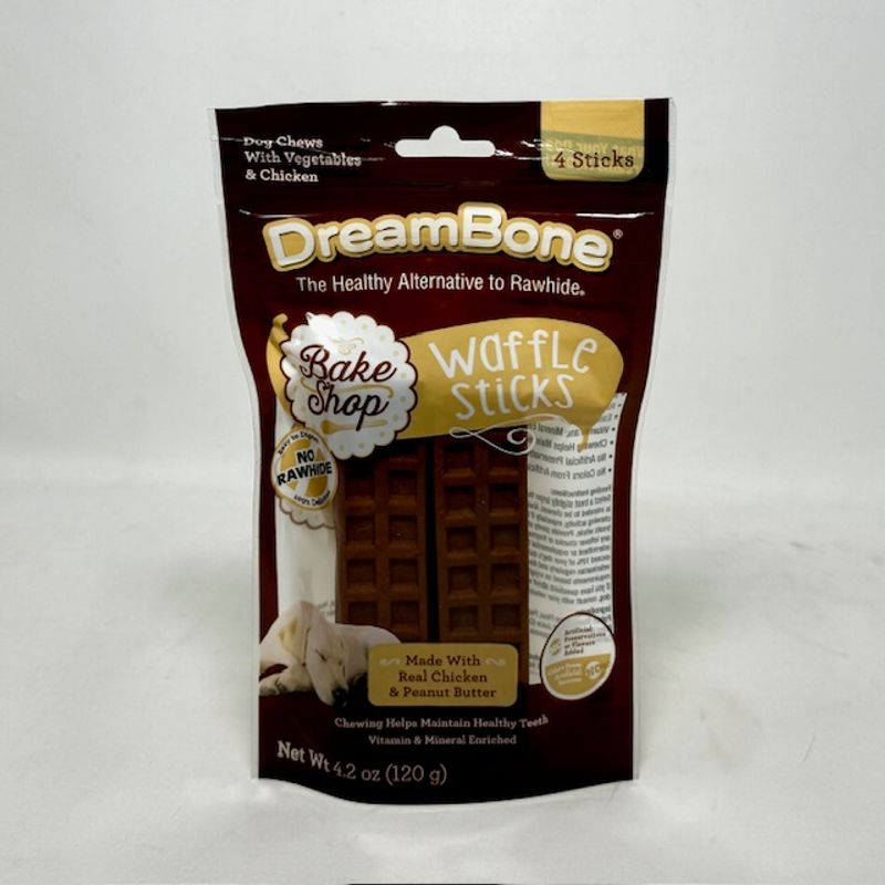 DREAMBONE BAKE SHOP WAFFLE STICKS W/ REAL CHICKEN & PEANUT BUTTER 4CT 4.2 OZ (EXP 09/2024)