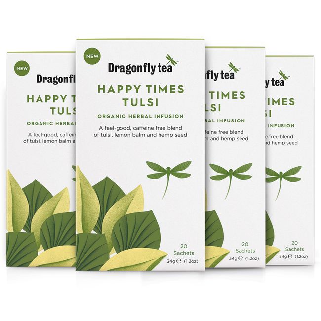 Dragonfly Happy Times Tulsi Tea | Pack of 4 x 20 Organic Tea Bags (80 Teabags) | Herbal Tea Bags | Tulsi Tea Bags | Caffeine-Free Tea | Uplifting Herbal Tea Bags | Compostable Tea Bags