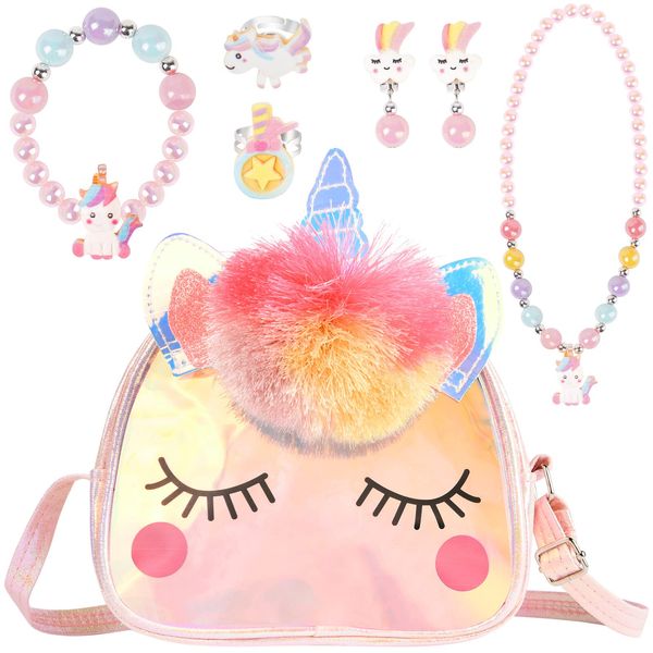 OSDUE Unicorn Bag Jewellery Gift, Unicorn Crossbody Bag Purse with Jewelry Set, Unicorn Princess Necklace Bracelet Rings Earrings, Princess Role Play Dress Up Jewelry Accessories Party Favors Gift