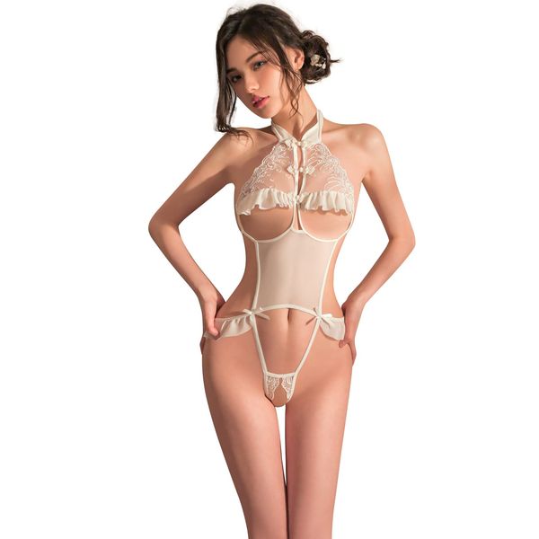 Ahegao Women's Chinese-Style Erotic Underwear, Leotard, Sexy, Extreme, Lingerie, Babydoll, Small Breasts, Black, Etchi, Costume, Perforated, Adult Women, white