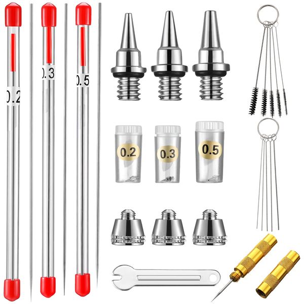 21 Pieces Airbrush Nozzle Cap Kit Airbrush Needle Replacement Parts Airbrush Needles with Wrench and Airbrush Cleaning Kit Replacement Part for Airbrush Sprayer Accessories, 0.2/0.3/0.5 mm