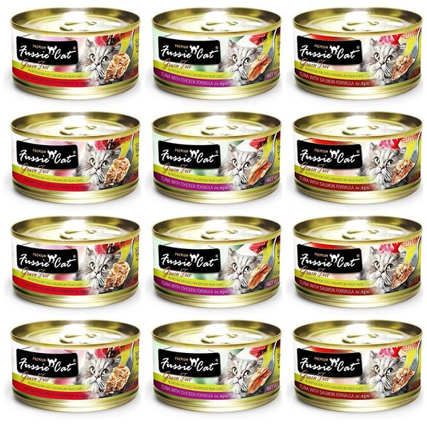 Fussie Cat Grain Free Canned Cat Food Variety Pack 12 Cans Tuna Chicken Salmo...