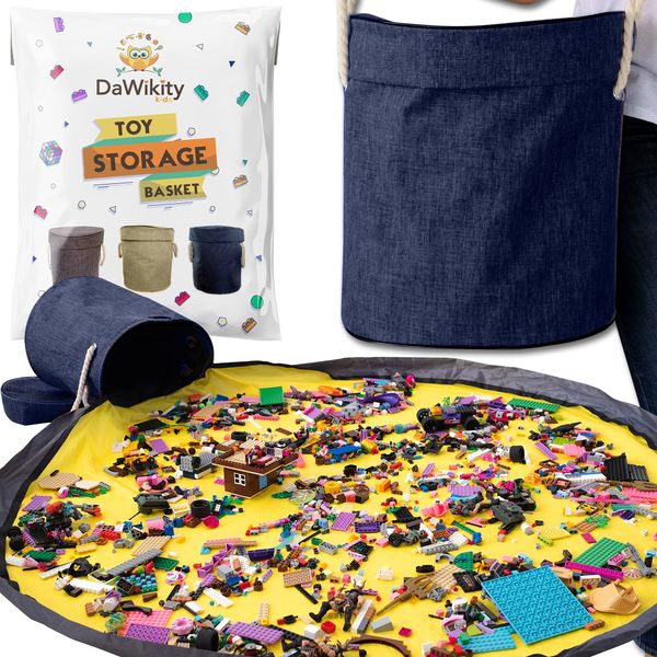 Toy Storage Basket and Play Mat - Building Bricks Toy Storage Organizer - Tidy with Ease - Toy Blocks Mat Storage Bag - Collapsible XL Kids Canvas Bag/Bin - Drawstring Playmat Boy/Girls-15"x14”(NAVY)