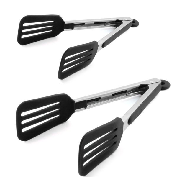 STARUBY Cooking Tongs 9 inches and 12 inches Stainless Steel Kitchen Silicone Serving Tongs Heat Resistant Meat Turner Spatula Tongs Fish Tongs with Locking Handle Joint (Black)