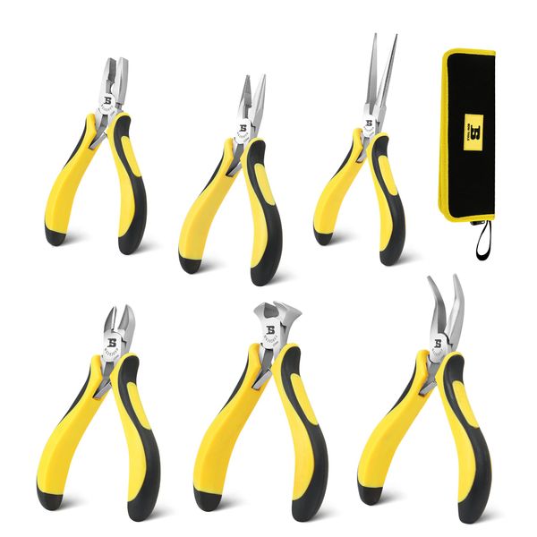 BOSI TOOLS 6-piece Mini Pliers Set, Needle Nose Pliers, Diagonal Pliers, Long Nose Pliers, Bent Nose Pliers, End Cutters and Linesman Pliers, with Storage Pouch Making Craft Electronic Repair