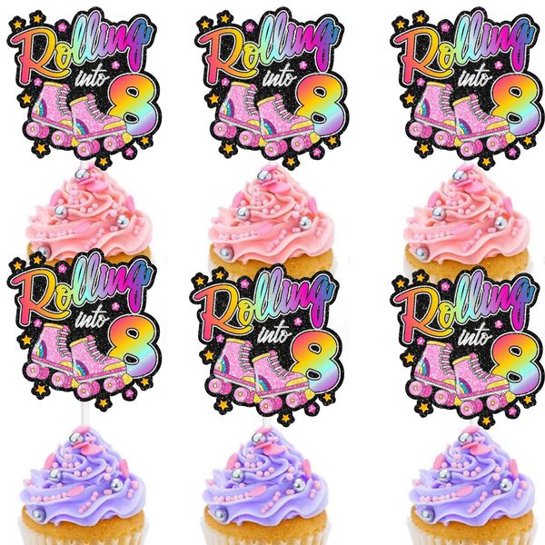 Roller Skate 8th Birthday Cupcake Toppers 18-PC Set - Lovely Roller Skate Themed Birthday Party, Retro Roller Skate Themed Party, or Disco Ball Party Decoration for Boys or Girls - LIANGSS