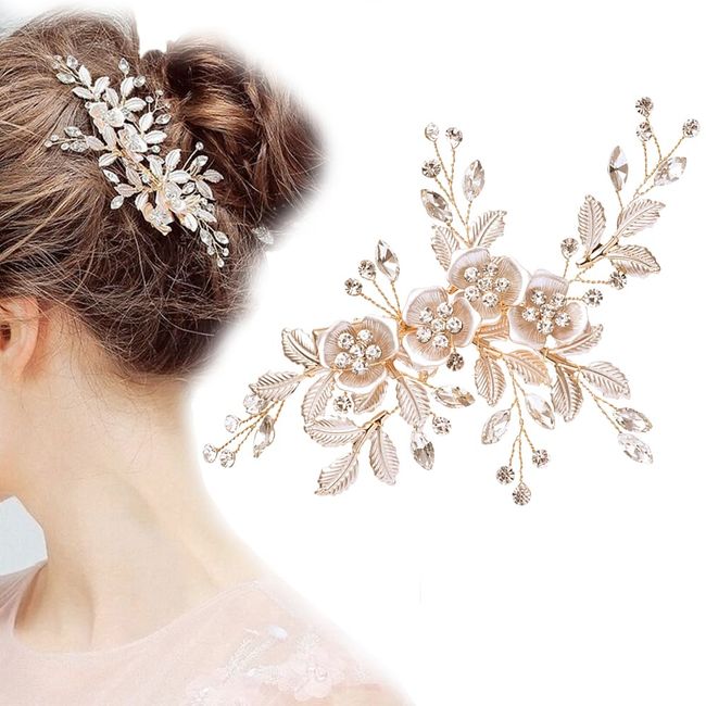 Wedding Hair Clip Rhinestone Bridal Handmade Flower Clip Crystal Hair Pins Bridal Bridesmaid Wedding Hair Accessories for Women and Girls Party Gift (Light Rose Gold)