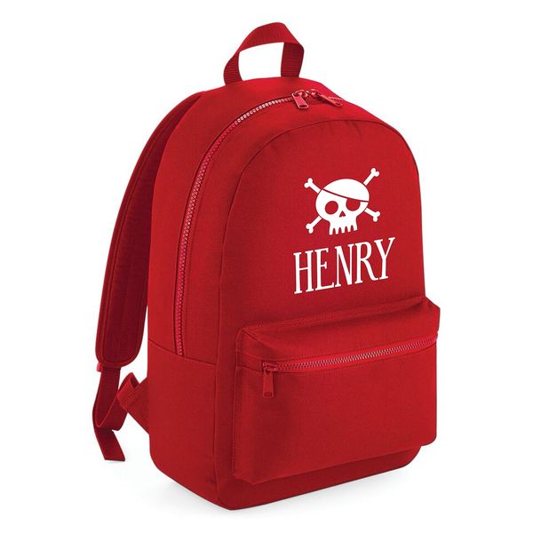 Edward Sinclair RED Essential Backpack Personalised Name with Pirate Skull in White Print