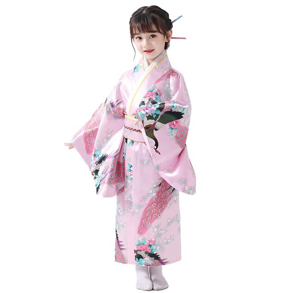 Yukata LZQ286 Children, Girls, Kimono, Halloween, Cosplay, Yukata Set, 2-piece Set, Shichi-Go-San Girls, Gorgeous, Pre-Tied Sash, Hifu Kimono (140, Pink)