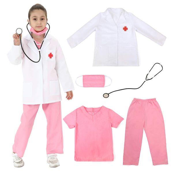 Lingway Toys Kids Pretend Role Play Costumes White Coat with Pink Scrubs and Accessories 6-8years