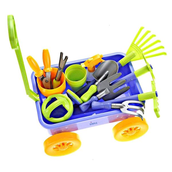 Dimple Kids Gardening Set Tools Wagon Toy - Premium 15 Piece Gardening Tools & Toddler Wagon Toy Set – Sturdy & Durable - Top Yard, Beach, Sand, Garden Toy - Outside Toys for Toddlers