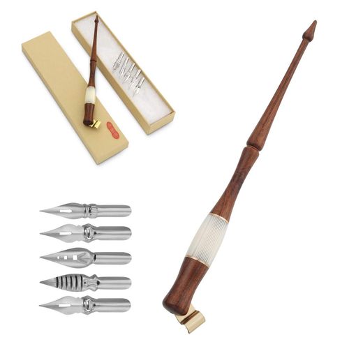 Yoption Wood Calligraphy Oblique Dip Pen Holder Set, Removable Nib Pen Handle Stand with 5 Flat Nibs Kit