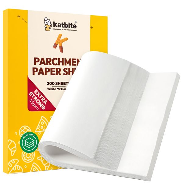 katbite 200Pcs 9x13 inch Heavy Duty Parchment Paper Sheets, Precut Parchment Paper for Quarter Sheet Pans Liners, Baking Cookies, Bread, Meat, Pizza, Toaster Oven (9"x13")