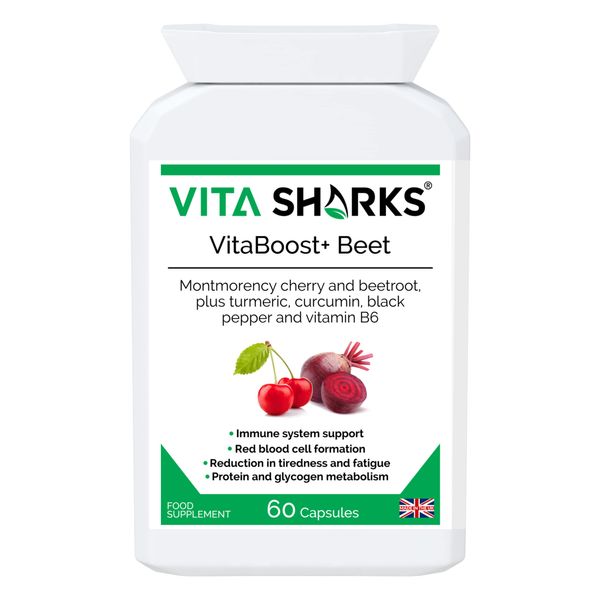 VitaBoost+ Beet Complete. 60 Vegan Capsules. Immune System Boosting Formula with Montmorency Cherry, Beetroot, Turmeric, Curcumin, Black Pepper, Vitamin B6 & More