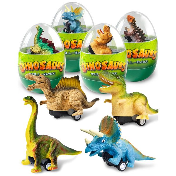 Greingways 4 Pack Dinosaur Pull Back Cars Toys, Toddler Stocking Stuffers Easter Basket Egg Fillers Easter Gifts Montessori Toys Stocking Stuffers for Kids Boys Girls Ages 2-4, 3-5, 4-8