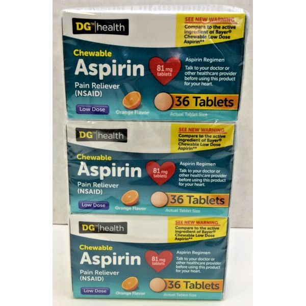 DG Health Chewable Aspirin, 216 Total Low Dose Tablets, Orange Flavor, EXP 06/26