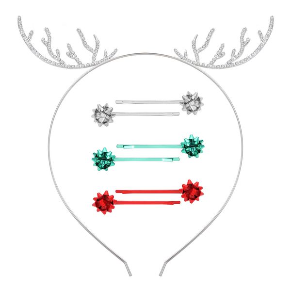 ZOLEAROPY Christmas Headband Hairpin Set For Women Cute Crystal Rhinestone Reindeer Antler Hairband Bow Hair Clip Set Hair Accessories (silver)