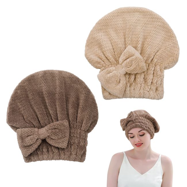 FRIUSATE 2 Packs Microfiber Hair Towel, Soft Absorbent Turban Hair Towel Cap, Hair Towel Wrap Drying Hair with Bow-Knot Shower Cap for Curly, Long, Thick Hair Wet Hair(Coffee, Brown)