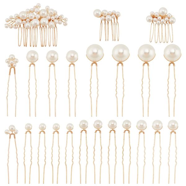 BENECREAT 23pcs 2 Styles Wedding Pearl Combs Set, Gold Alloy Pearl Hair Forks, U-Shaped Flower Rhinestone Wedding Hair Accessories, For Wedding Party Hair Accessories