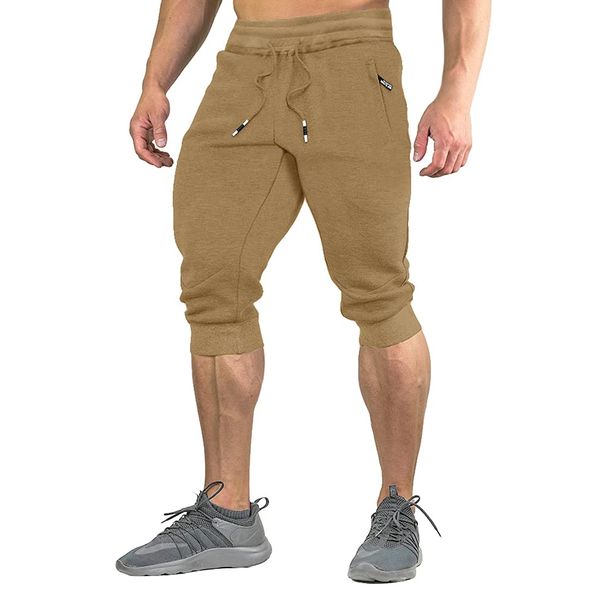 FASKUNOIE Men's Capri Shorts Long Summer Elastic Gym Shorts Yoga Cotton Soft Khaki Pants