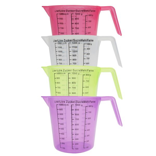 Kurtzy Small Plastic Measuring Jugs (4 Pack) - 1 Litre Plastic Jugs with Easy-to-Read Measurements - Small Measuring/Mixing Jug Set - Kitchen Measuring Cups