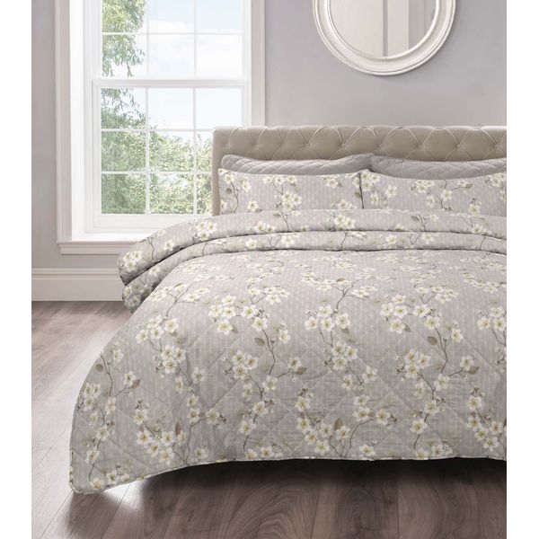 Shabby Chic Floral Quilted Bedspread Patchwork Comforter Set with Matching Pillowsham (Cherry Blossom, Double)
