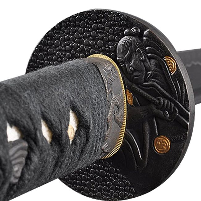 Handmade Sword - Japanese Samurai Katana Swords, Battle Ready, Hand Forged, 1045 Carbon Steel, Heat Tempered, Full Tang, Sharp, Japanese Portrait Tsuba, Black Scabbard Painted Landscape Painting