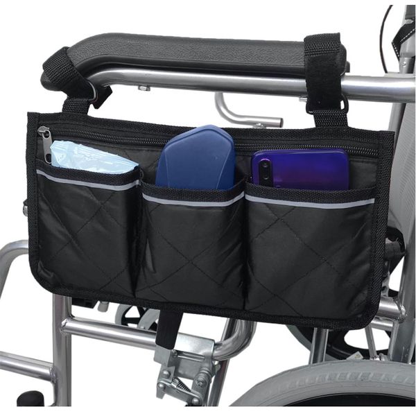 BOBOZHONG Wheelchair storage bag,Wheelchair Armrest Bag Portable wheelchair bag for armrest Safe storage bag for wheelchairs with 3 compartments for wheelchairs,high chairs,power chairs (Black)