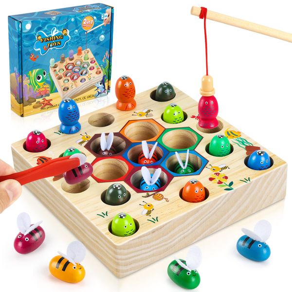 COOLJOY Wooden Fishing Game Toys Gifts for 2 3 4 Year Old Boy Girl | 2-in-1 Magnetic Wooden Toy | Montessori and Motor Skills Educational Suitable for Babies Birthday Gifts