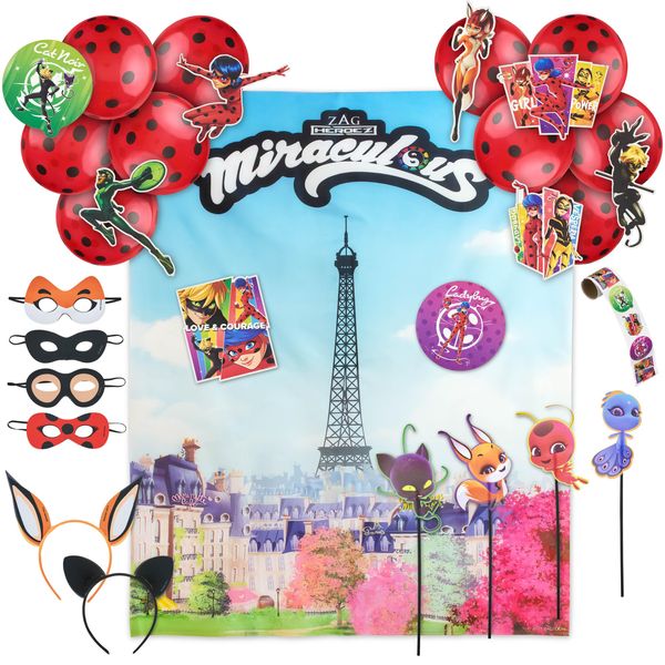 Miraculous 50-Piece Birthday Party Supplies - All-In-One Zag Heroez Themed Party Box, Miraculous Ladybug Party Supplies, Birthday Party Backdrop and Party Props For Miraculous Birthday Decorations