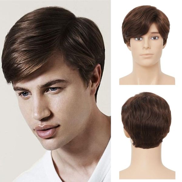 Salaibs Mens Short Brown Wigs Synthetic Side Part Natural Hair Wigs for Male Guy Daily Party Cap Wig (Brown)