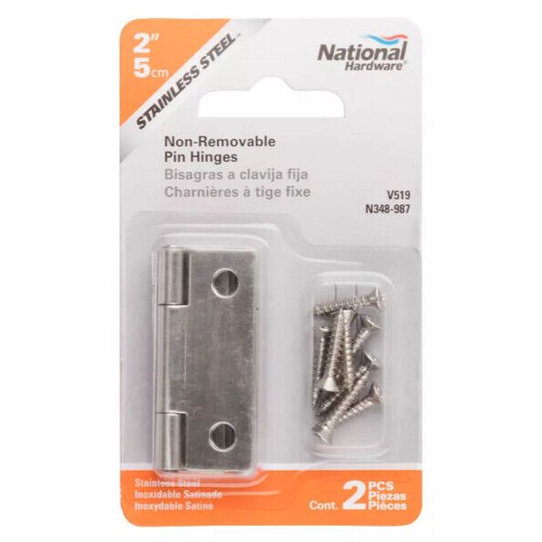 Narrow Hinge, 2 in W Frame Leaf, 0.056 in Thick Frame Leaf, Stainless Steel, Sta