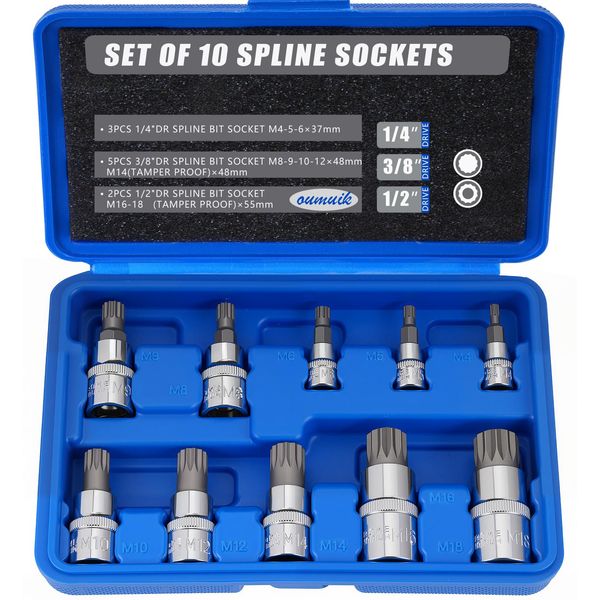 10Pcs Spline Socket Set M4 - M18 Torx Bit Set - Triple Square Socket Set with Storage Case